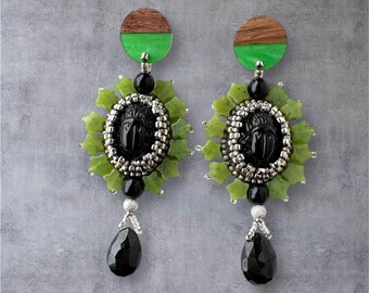 Black Scarabs & Stars - Egyptian Revival Beetle Dangle Drop Earrings with Green Jade Halo and Obsidian; Handcrafted Vintage Bead Embroidery