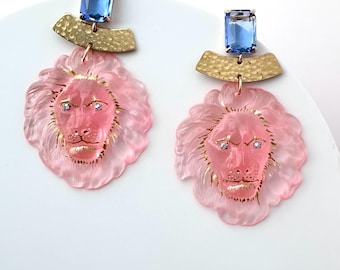 Retro Lionhead Neo-Pop Statement Dangle Earrings in Watermelon Pink Resin and Blue Crystal