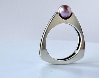 Handmade Minimalist Architectural Sterling Silver Ring with Pearl - Size 7.5 | Modern Silver Jewelry Gifts