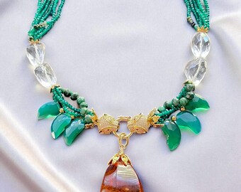Large Amber Pendant Necklace with Green Gemstones; Special Occasion Luxury