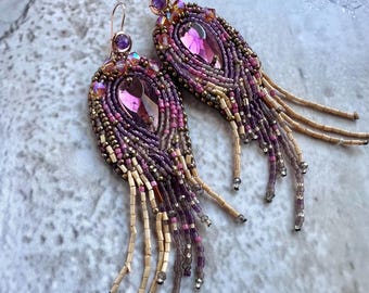 Bespoke Peacock Feather Embroidery Earrings with Purple Glass in Vintage Nouveau Bohemian Style