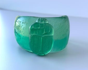 Scarab Beetle Affirmation Bangle | Translucent Green Resin Sculptural Bracelet with Egyptian Motifs