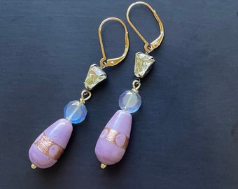 16th Century Renaissance Style Beaded Drop Earrings Made with Lampworked Glass Rhinestone and Gold Plated Ear Wires