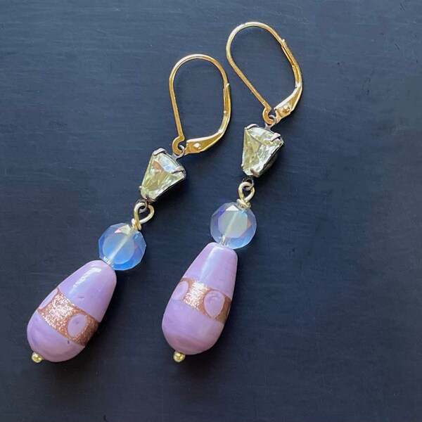 16th Century Renaissance Style Beaded Drop Earrings Made with Lampworked Glass Rhinestone and Gold Plated Ear Wires