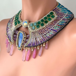 Luxury Winged Scarab Gemstone Embroidery Collar Necklace and Earrings Set, Ancient Egyptian Style Amethyst Boulder Opal, Doro Soucy Jewelry image 7