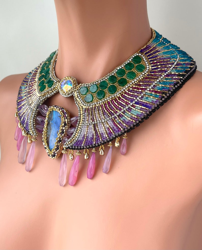 Luxury Winged Scarab Gemstone Embroidery Collar Necklace and Earrings Set, Ancient Egyptian Style Amethyst Boulder Opal, Doro Soucy Jewelry image 7