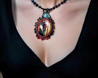 Art Nouveau Style Pendant Necklace with Black Pearls & Rhinestones; Vintage Inspired Beaded Jewelry Embroidery Dark Romance Aesthetic Gifts