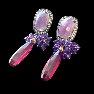 Amethyst Gemstone Grape Cluster Earrings with Raspberry Red Quartz Briolettes and Pink Sapphire Ear Posts, Gold Filled and Gold Plated image 7