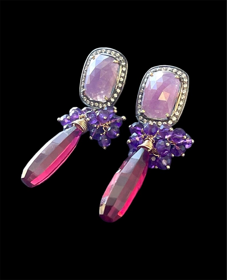 Amethyst Gemstone Grape Cluster Earrings with Raspberry Red Quartz Briolettes and Pink Sapphire Ear Posts, Gold Filled and Gold Plated image 7