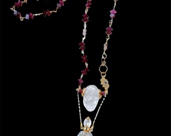 Memento Mori Crystal Skull Garnet and Ruby Chain Necklace, 17th Century Style Pendant Wire Wrapped Jewelry Gold Filled Plated, Unique Gifts