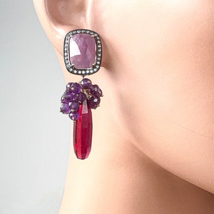 Amethyst Gemstone Grape Cluster Earrings with Raspberry Red Quartz Briolettes and Pink Sapphire Ear Posts, Gold Filled and Gold Plated image 3