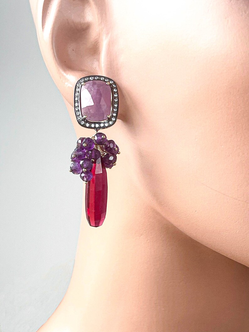 Amethyst Gemstone Grape Cluster Earrings with Raspberry Red Quartz Briolettes and Pink Sapphire Ear Posts, Gold Filled and Gold Plated image 3