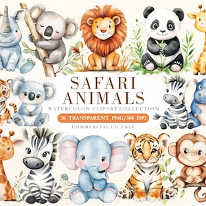 Safari Clipart Animals, Safari Baby Animal Png, Watercolor Animal Clipart, Baby Shower Clipart, Birthday Clipart, Jungle Animals Clipart