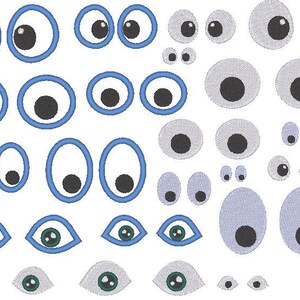 May include: An assortment of embroidered eye designs in different sizes and styles. The eyes have black pupils and are outlined in blue, green, or grey. Ideal for craft projects and decorative purposes.
