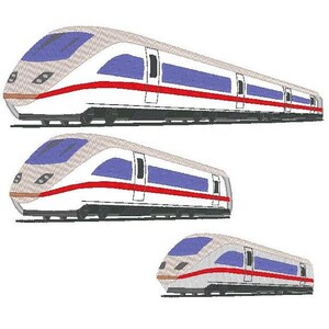 以下が含まれることがあります： 高速鉄道の3つの様式化された画像。列車は白で、青い窓と側面に赤いストライプがあります。列車のデザインは空気力学的で、先のとがったフロントと洗練されたモダンな外観です。画像は白い背景にあります。