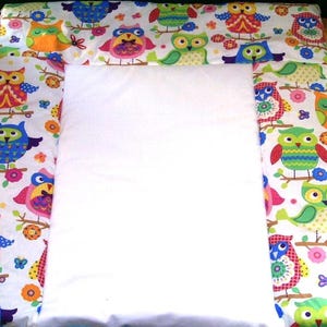 May include: A baby changing pad with a white center and a colorful border. The border features a repeating pattern of owls in various colors, including blue, green, orange, and pink, perched on branches with flowers.