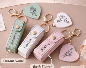 Llavero personalizado para bálsamo labial con espejo, dije personalizado para bolso con flor de nacimiento, regalo para damas de honor, recuerdo para la fiesta de bodas.