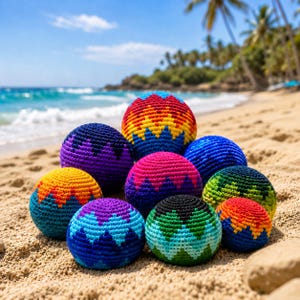 Juego de Hacky Sack de ganchillo / Bolsa de pies colorida tejida a mano / Pelota antiestrés / Juguete sensorial de ganchillo / Regalo hecho a mano para juegos de jardín