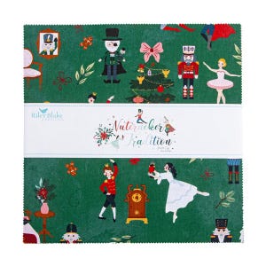 May include: A stack of fabric squares featuring a dark green background with a Nutcracker theme print. The pattern includes nutcrackers, ballerinas, Christmas trees, and clocks. A white paper band across the center displays the text Nutcracker Tradition and the Riley Blake Designs logo.