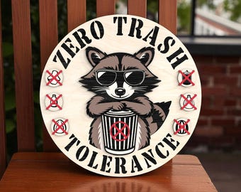 Placa de boas-vindas "Tolerância Zero ao Lixo" - Arquivo digital para corte a laser em SVG - Placa de lixeira com guaxinim em camadas, arquivo digital divertido para decoração de parede Glowforge.