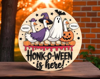 Honk-O-Ween Goose Halloween Welcome Sign Laser Cut Digital Files SVG – Funny Halloween Goose Round Sign , Layered Laser Cut for Glowforge