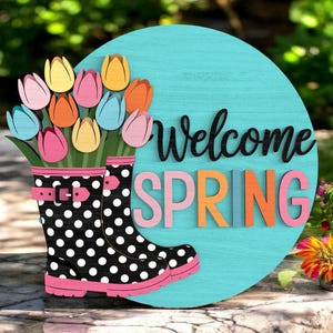 Letrero redondo de bienvenida a la primavera SVG • Colgador de puerta con botas de lluvia de tulipán • Decoración primaveral cortada con láser en capas • Descarga digital