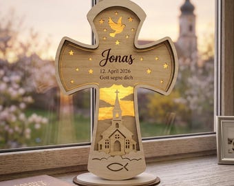 Cruz LED de Primera Comunión SVG, Regalo de Bautismo Personalizado Archivo Cortado con Láser, Cruz de Madera Iluminada SVG, Decoración para Cricut Glowforge