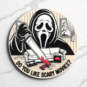 Ghostface Scary Movie Welcome Sign Digital Files SVG – Digital Halloween Laser Cut File for Horror Movie Round Sign