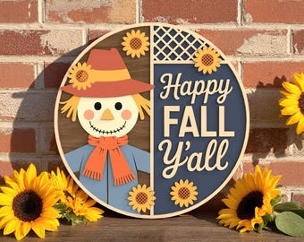 Happy Fall Y’all Scarecrow Welcome Sign Digital Files SVG -  Layered Autumn Round Sign Laser Cut File – Digital Files for Glowforge, xTool