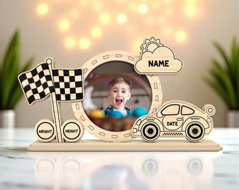 Race Car Baby Photo Frame Digital File Laser Cut  SVG | Circuit Tech Birth Stat Sign | Digital File for Glowforge xTool Laser Cut