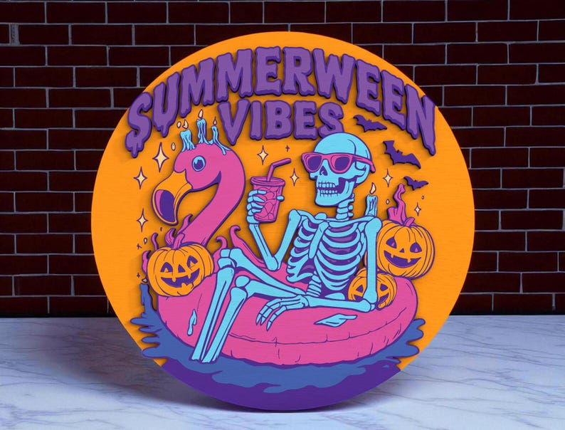 May include: Round orange sign with the text "Summerween Vibes". A skeleton wearing sunglasses relaxes on a pink inflatable ring with a flamingo and two jack-o'-lanterns. Bats and stars are also featured.