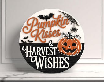 Letrero de bienvenida con besos de calabaza y deseos de cosecha, archivos digitales SVG cortados con láser – Decoración de puerta de calabaza otoñal, letrero digital de Halloween cortado con láser