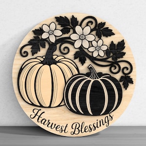 Letrero de bienvenida de calabaza &quot;Bendiciones de la cosecha&quot; cortado con láser digital SVG - ll SVG Arte de pared redondo con calabazas y detalles florales para Glowforge