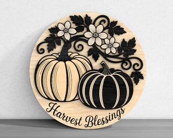 Harvest Blessings Welkomstbord pompoen lasergesneden digitale SVG – ll SVG ronde muurkunst met pompoenen en bloemenaccenten voor Glowforge