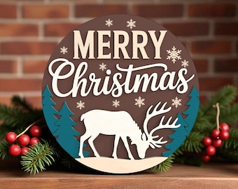 Joyeux Noël renne panneau de bienvenue découpé au laser fichiers numériques SVG - SVG de vacances avec flocons de neige, pins et scène d'hiver pour Glowforge