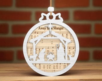 Nativity Ornament Laser Cut Digital Files SVG – Away in a Manger Christmas with Holy Family for Glowforge ,Nativity Sheet Music Laser