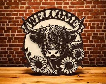 Highland Kuh Willkommensschild Laser Cut Digitale Dateien SVG - Bauernhaus-Wand-Dekor Laser-Schnitt, Floral Kuh Kopf Vektor, Land Bauernhof Tier Tür