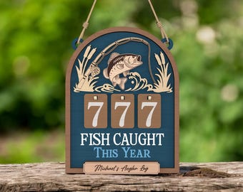 Hanging Fishing Log Laser Cut File, Personalized Angler Tracker Sign, Glowforge Wood SVG , Fish Caught This Year SVG