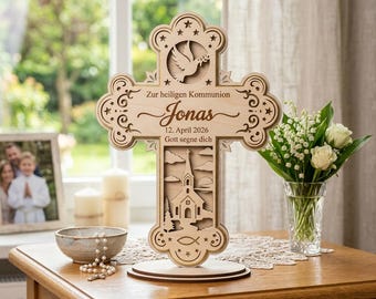 First Holy Communion Cross SVG, Baptism Gift Laser Cut File, Wooden Church Cross SVG, Cricut Glowforge Religious Decor