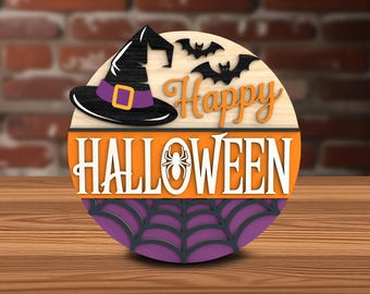 Letrero de bienvenida con sombrero de bruja de Halloween, archivos digitales SVG cortados con láser – Corte láser digital con telaraña, murciélagos y temática de brujas para Glowforge