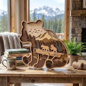 Flerskiktad björnfamilj SVG, laserskuren fil för bergsskogsdjur, trädekor av björn, Glowforge xTool LightBurn