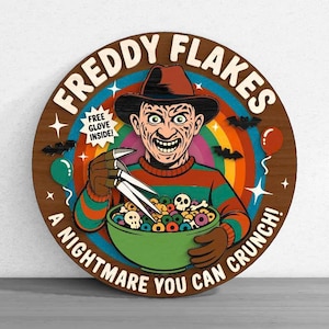 Può includere: Cartello rotondo in legno con un'immagine di Freddy Krueger che tiene in mano una ciotola di cereali. Il cartello recita "Freddy Flakes" e "A Nightmare You Can Crunch!" con un arcobaleno e palloncini.