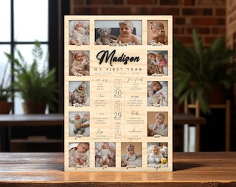 My First Year Memory Board Photo Frame Laser Cut SVG – 12 Photo Milestone Frame with Stats, Editable Digital File for Laser Cut