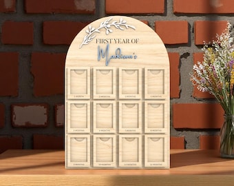 Marco de fotos minimalista para el primer año del bebé, cortado con láser en formato SVG – Tablero de hitos mensuales botánicos – Archivo digital cortado con láser