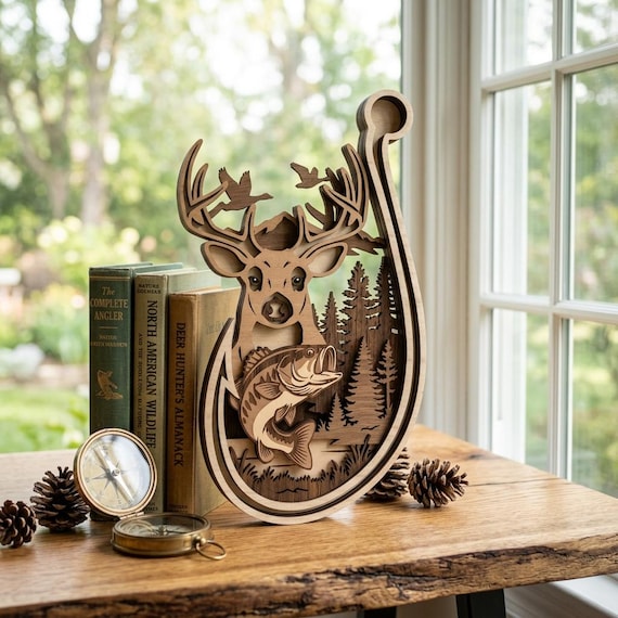Fishing Hook Deer Multilayer SVG, Bass Fish Hunting Wildlife Scene, Laser Cut File for Glowforge xTool LightBurn