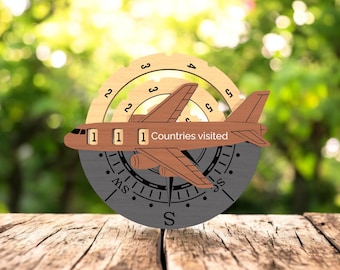 Países visitados SVG, archivo de corte láser de seguimiento de viajes, señal de brújula de avión, contador de viajes Glowforge xTool Digital