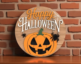 Glückliches Halloween Kürbis Willkommensschild Laser geschnitten Digitale Dateien SVG - Digitale runde Zeichendatei mit Spinne, Netz und Jack O'Lantern SVG