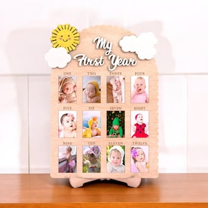 Lasergesneden mijn eerste jaar fotolijst lasergesneden SVG – 12 maanden Cloud & Sun Baby Board lasergesneden bestand voor Glowforge