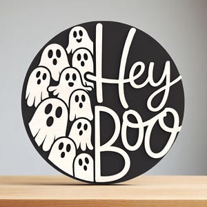 Hey Boo Welcome Sign Laser Cut Digital Files SVG – Cute Ghost Halloween Round Sign for Glowforge, xTool – Funny Spooky Door Hanger Digital