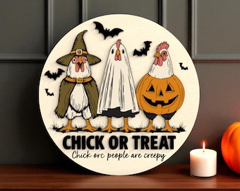 Chick or Treat Halloween Chicken Welcome Sign Laser Cut Digital Files SVG –Layered Farm Animal Sign for Glowforge, Funny for Halloween Decor